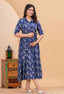 Indigo Floral Printed Collared Viscose Rayon Maternity & Feeding Midi Dress