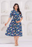 Navy Blue Floral Printed Collared Viscose Rayon Maternity & Feeding Midi Dress