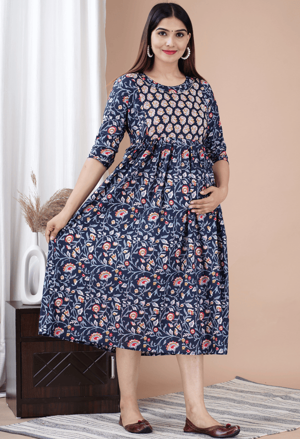Navy Blue Floral Printed Viscose Rayon Maternity & Feeding Midi Dress