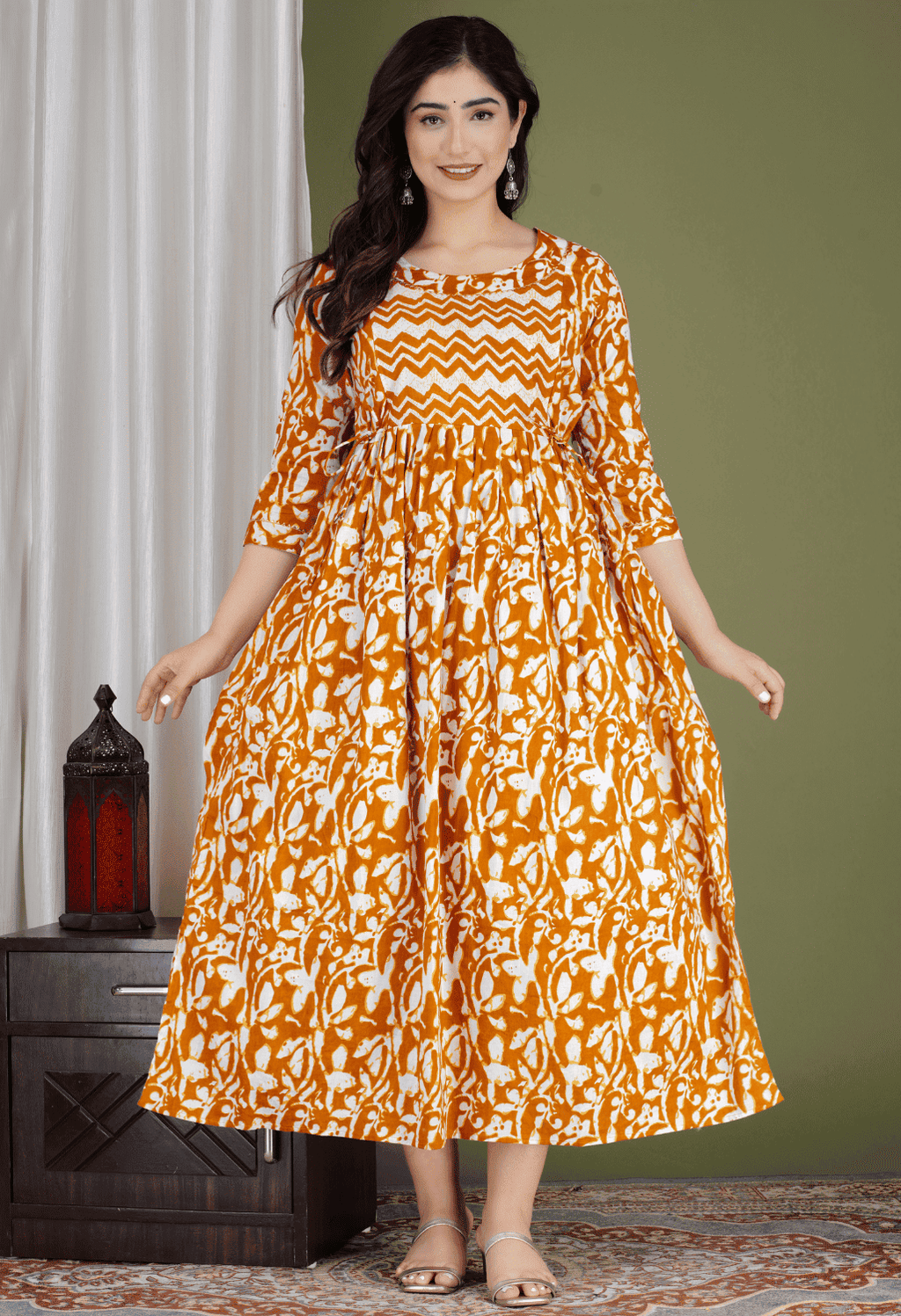 Orange & White Abstract Printed Viscose Rayon Maternity & Feeding Midi Dress