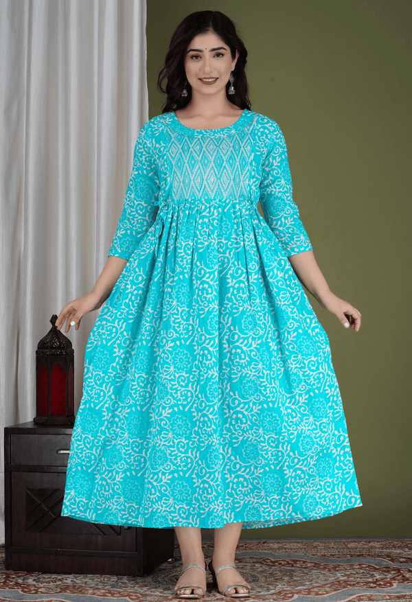 Turquoise Blue Floral Printed Viscose Rayon Maternity & Feeding Maxi Dress