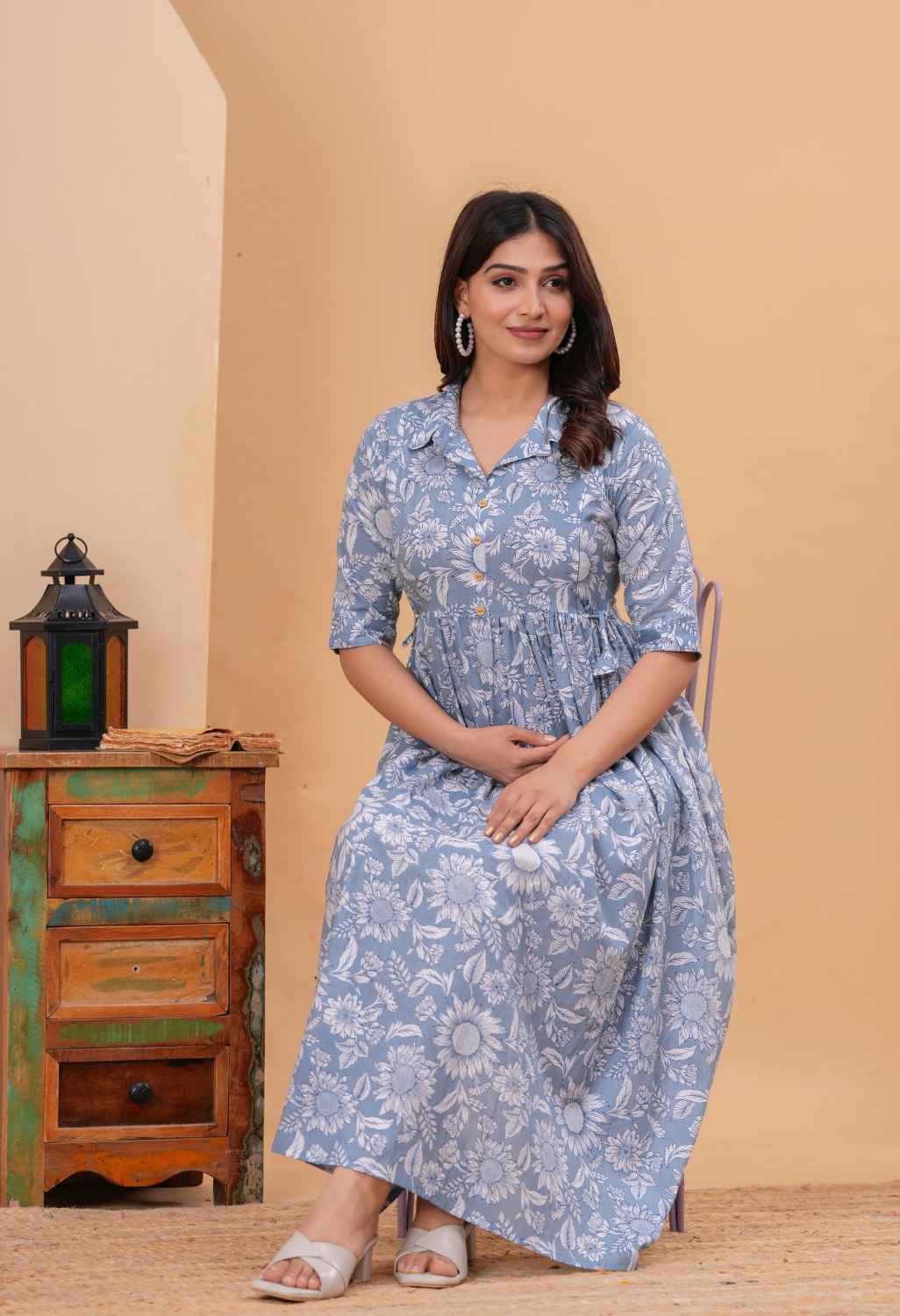 Bloom Mist Blue Floral Printed Collared Viscose Rayon Maternity & Feeding Midi Dress