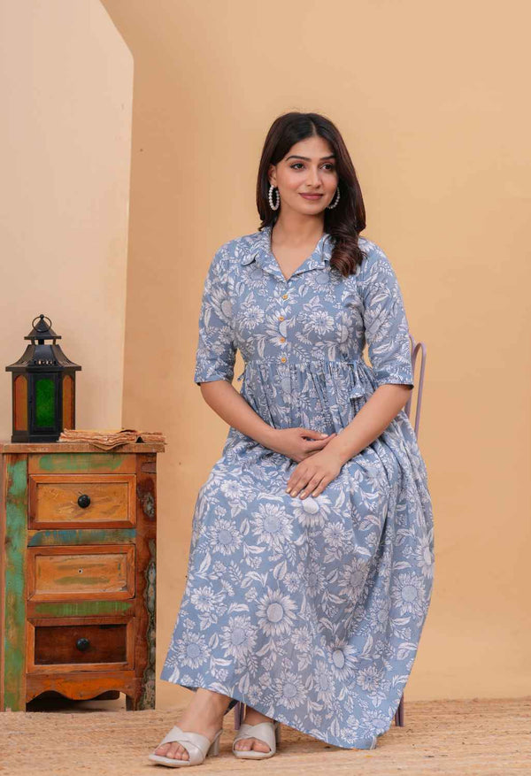 Bloom Mist Blue Floral Printed Collared Viscose Rayon Maternity & Feeding Midi Dress