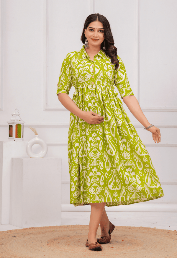Lime Green Ikat Printed Collared Viscose Rayon Maternity & Feeding Midi Dress