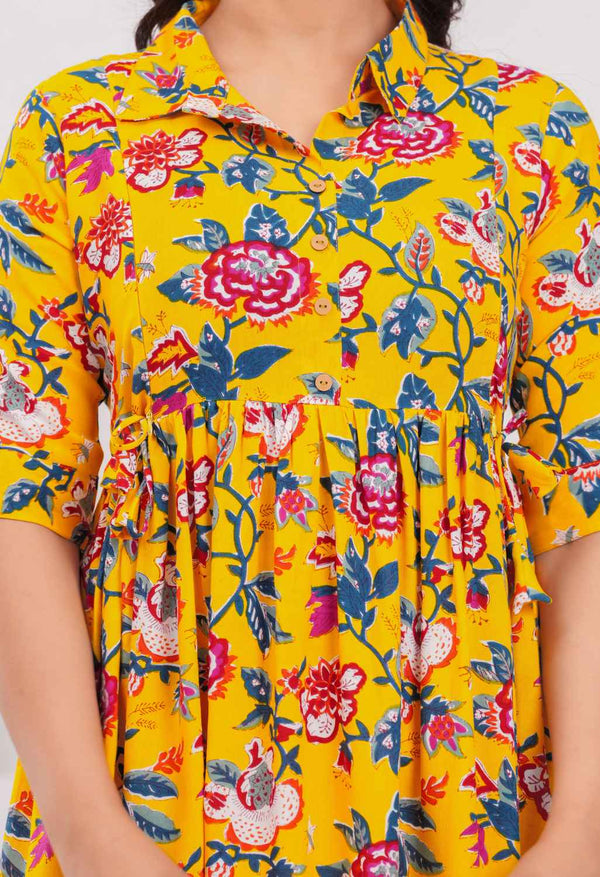 Mustard Yellow Floral Printed Collared Viscose Rayon Maternity & Feeding Midi Dress