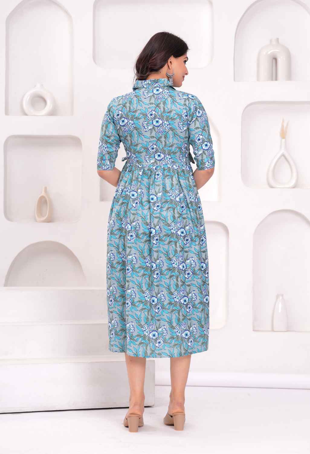 Sky Blue Floral Printed Collared Viscose Rayon Maternity & Feeding Midi Dress