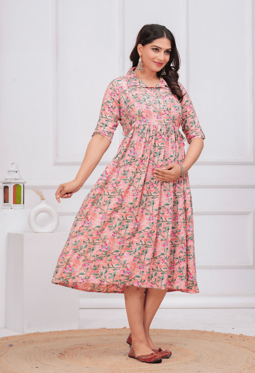 Peach Floral Printed Collared Viscose Rayon Maternity & Feeding Maxi Dress Secondary image