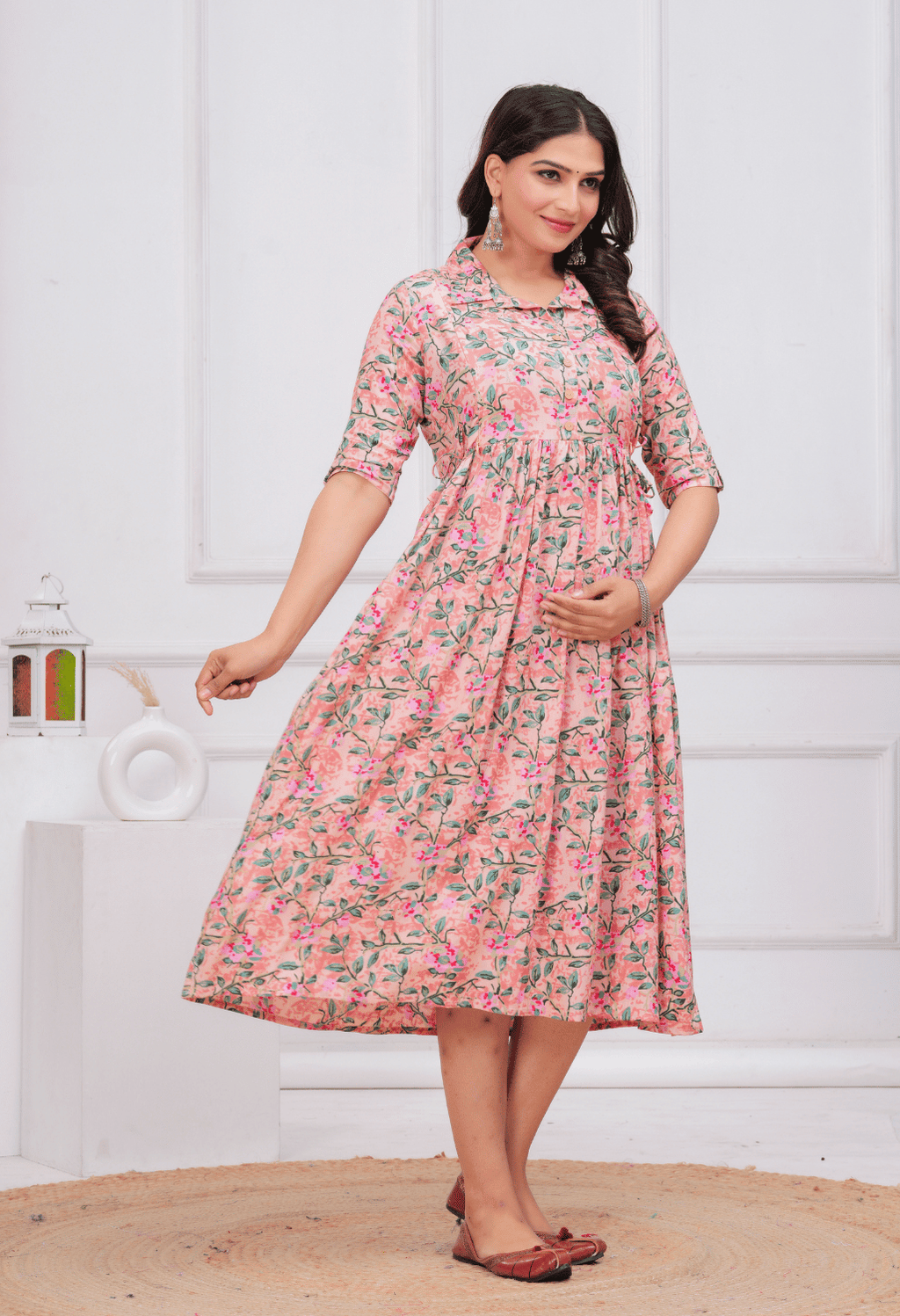 Peach Floral Printed Collared Viscose Rayon Maternity & Feeding Maxi Dress