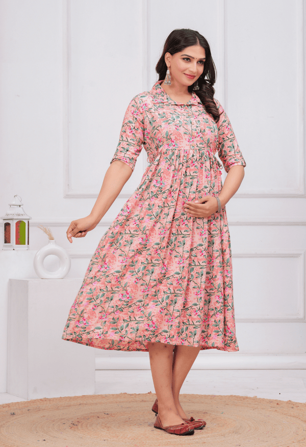 Peach Floral Printed Collared Viscose Rayon Maternity & Feeding Maxi Dress