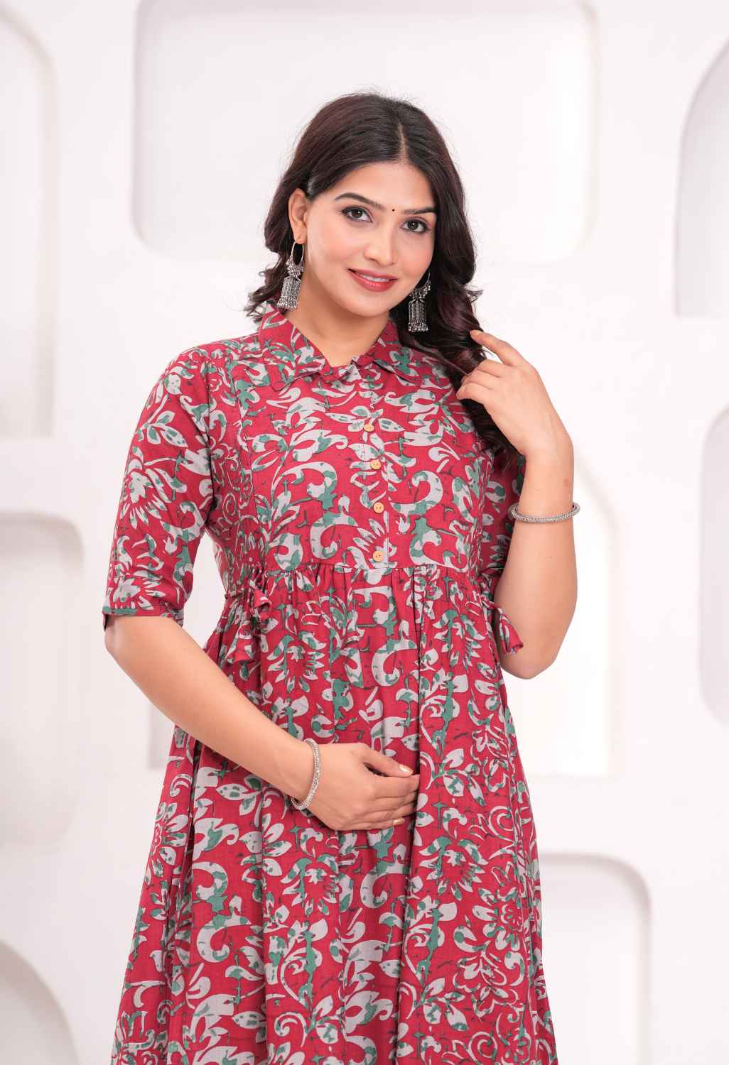Rose Pink Floral Printed Collared Viscose Rayon Maternity & Feeding Midi Dress