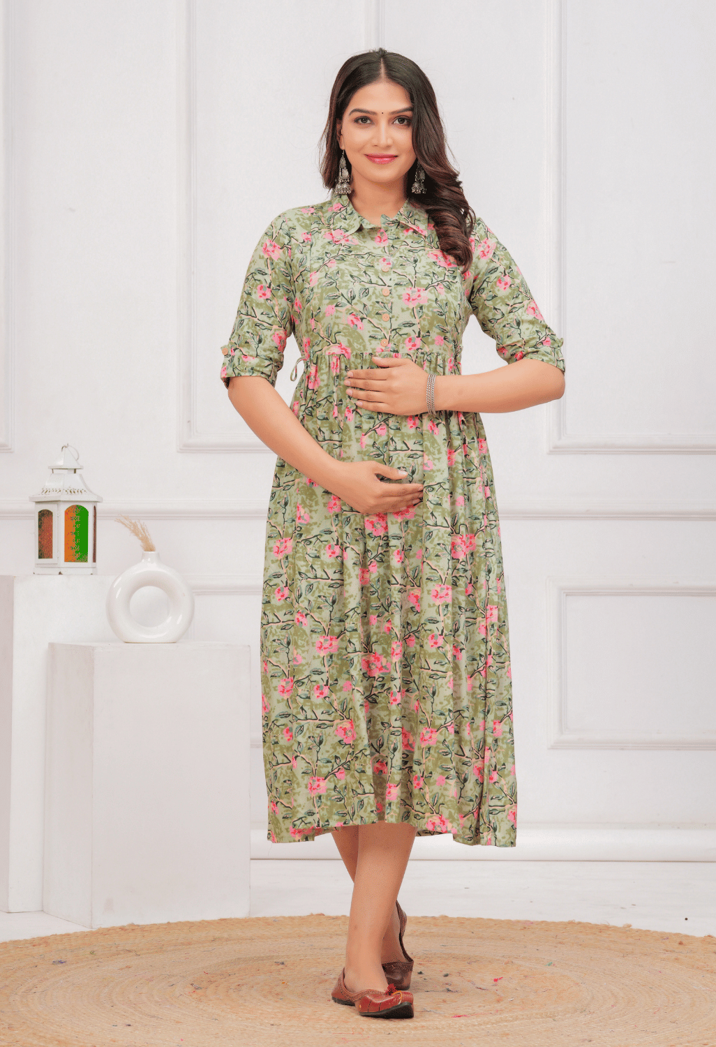 Olive Green Floral Printed Collared Viscose Rayon Maternity & Feeding Midi Dress Secondary image