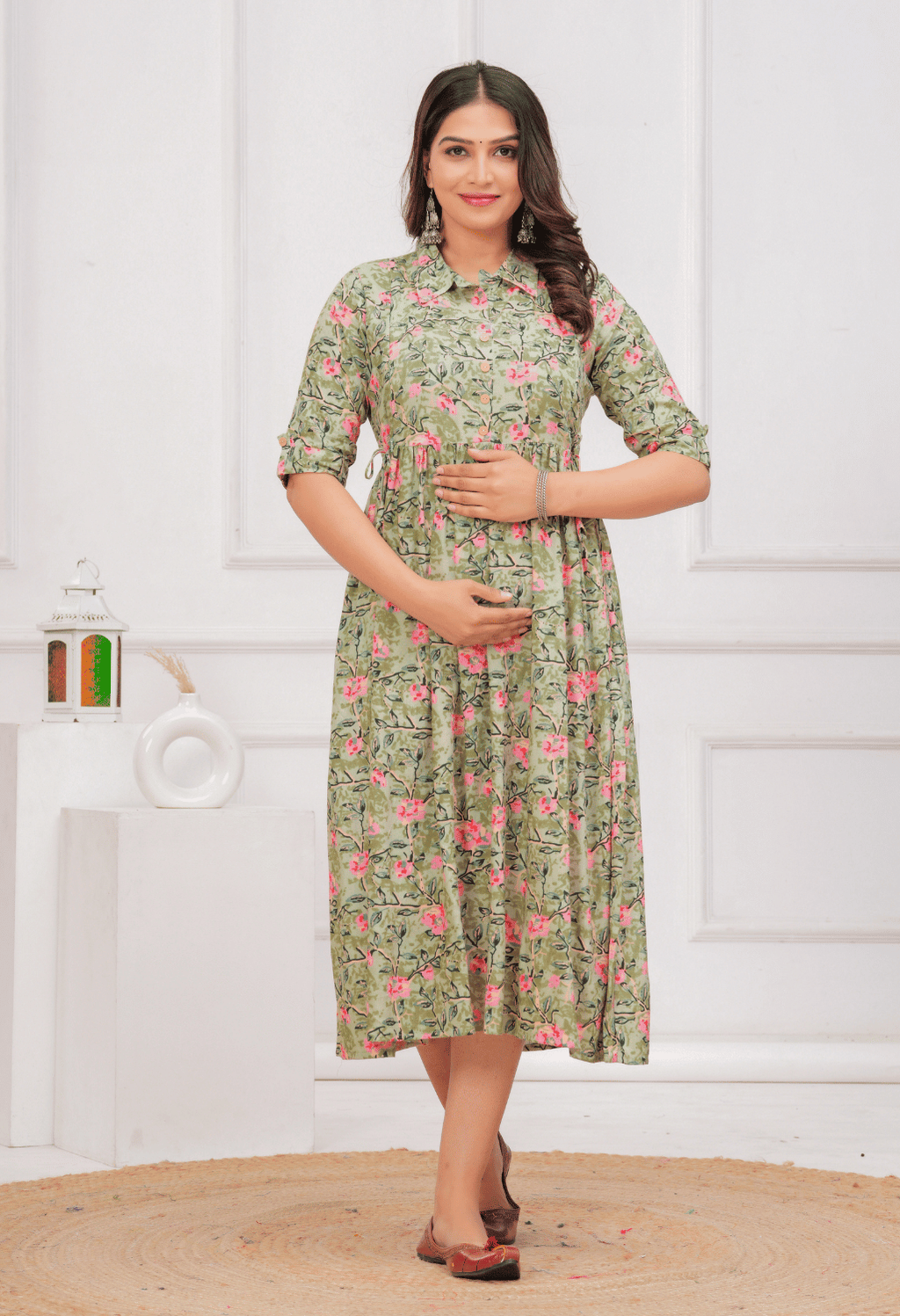 Olive Green Floral Printed Collared Viscose Rayon Maternity & Feeding Midi Dress