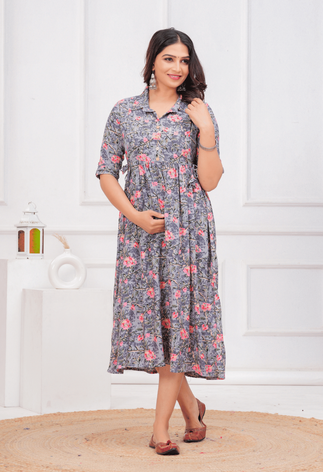 Grey Floral Printed Collared Viscose Rayon Maternity & Feeding Midi Dress