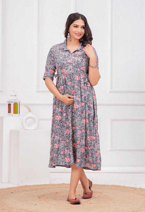 Grey Floral Printed Collared Viscose Rayon Maternity & Feeding Midi Dress
