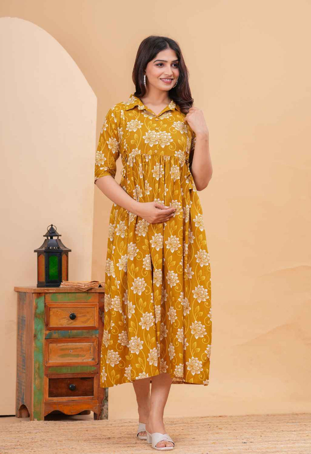 Mustard Floral Printed Collared Viscose Rayon Maternity & Feeding Midi Dress