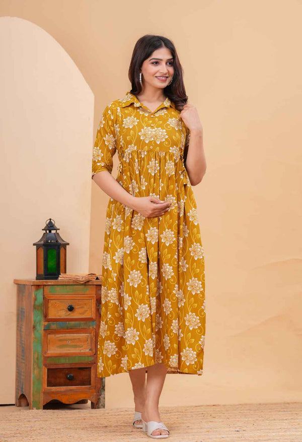 Mustard Floral Printed Collared Viscose Rayon Maternity & Feeding Midi Dress