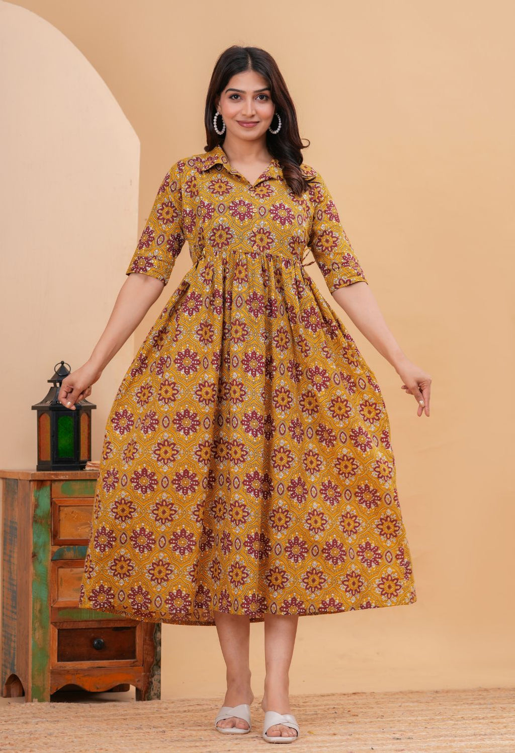 Mustard Ethnic Printed Collared Viscose Rayon Maternity & Feeding Midi Dress