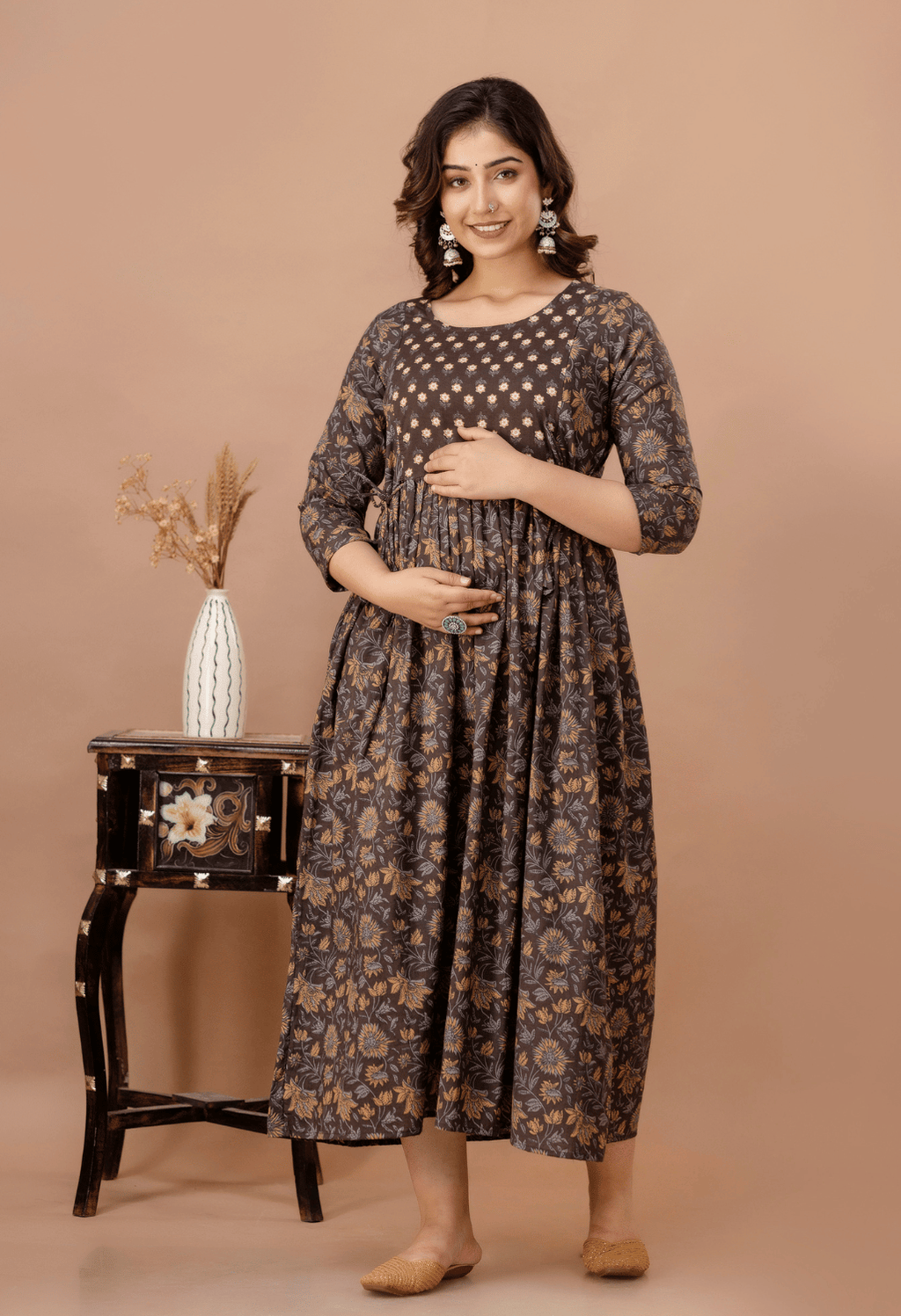 Coffee Brown Floral Printed Viscose Rayon Maternity & Feeding Maxi Dress