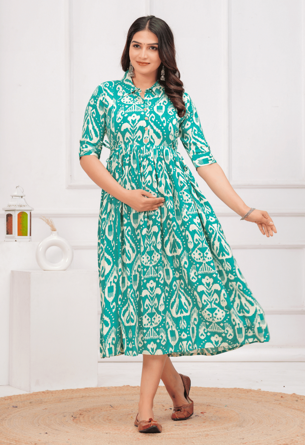 Teal Green Ikat Printed Collared Viscose Rayon Maternity & Feeding Midi Dress Secondary image