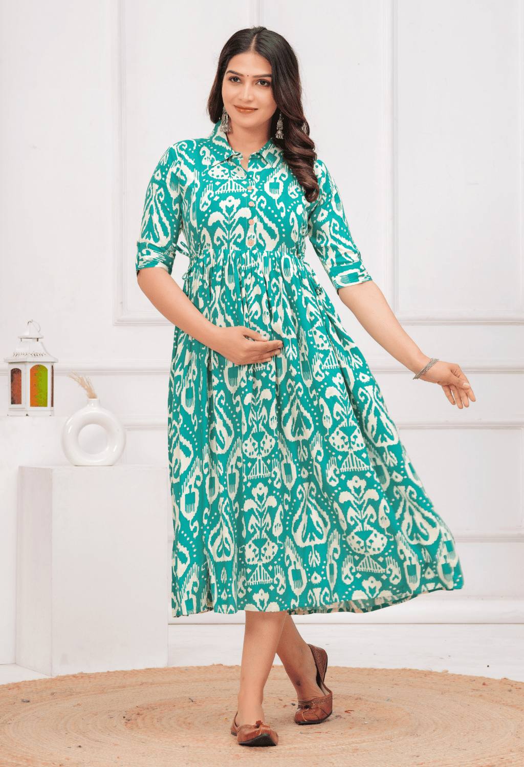 Teal Green Ikat Printed Collared Viscose Rayon Maternity & Feeding Midi Dress