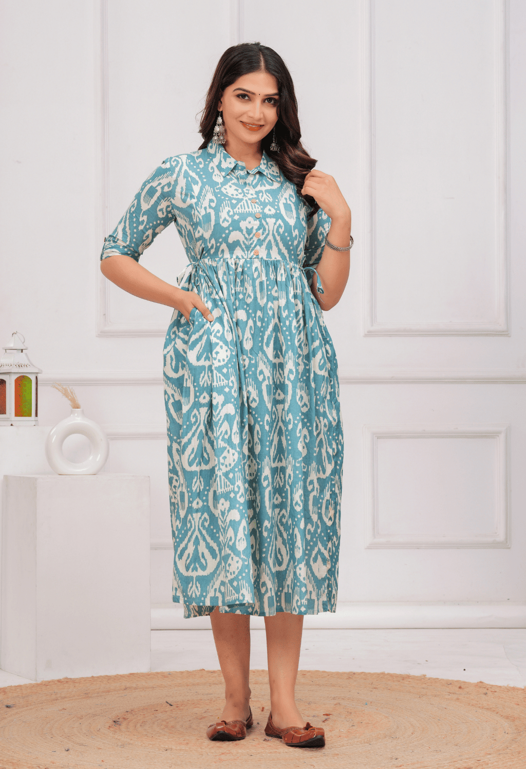 Sky Blue Ikat Printed Collared Viscose Rayon Maternity & Feeding Midi Dress