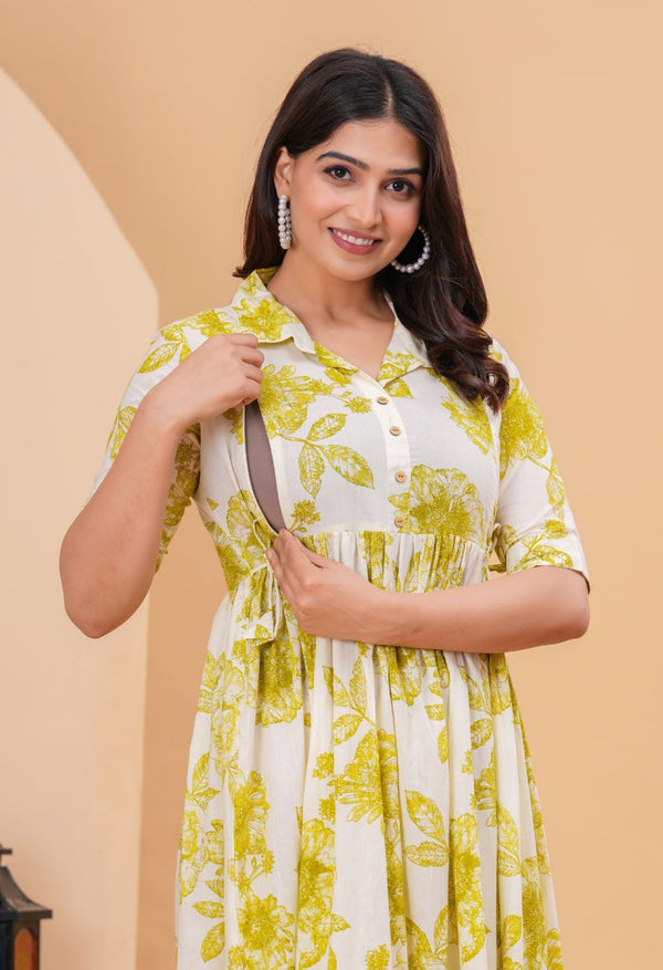White & Mustard Floral Printed Collared Viscose Rayon Maternity & Feeding Midi Dress