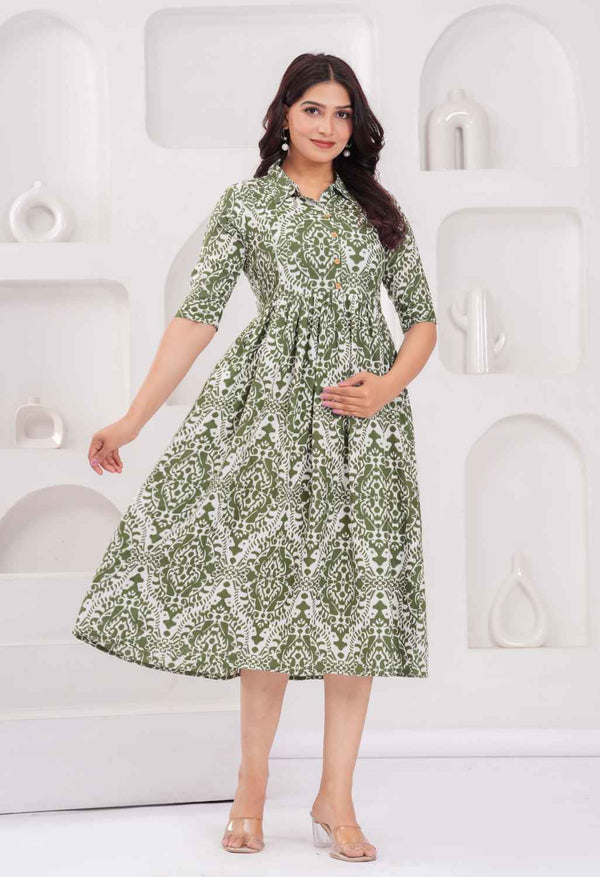 Olive Green Abstract Printed Collared Viscose Rayon Maternity & Feeding Midi Dress