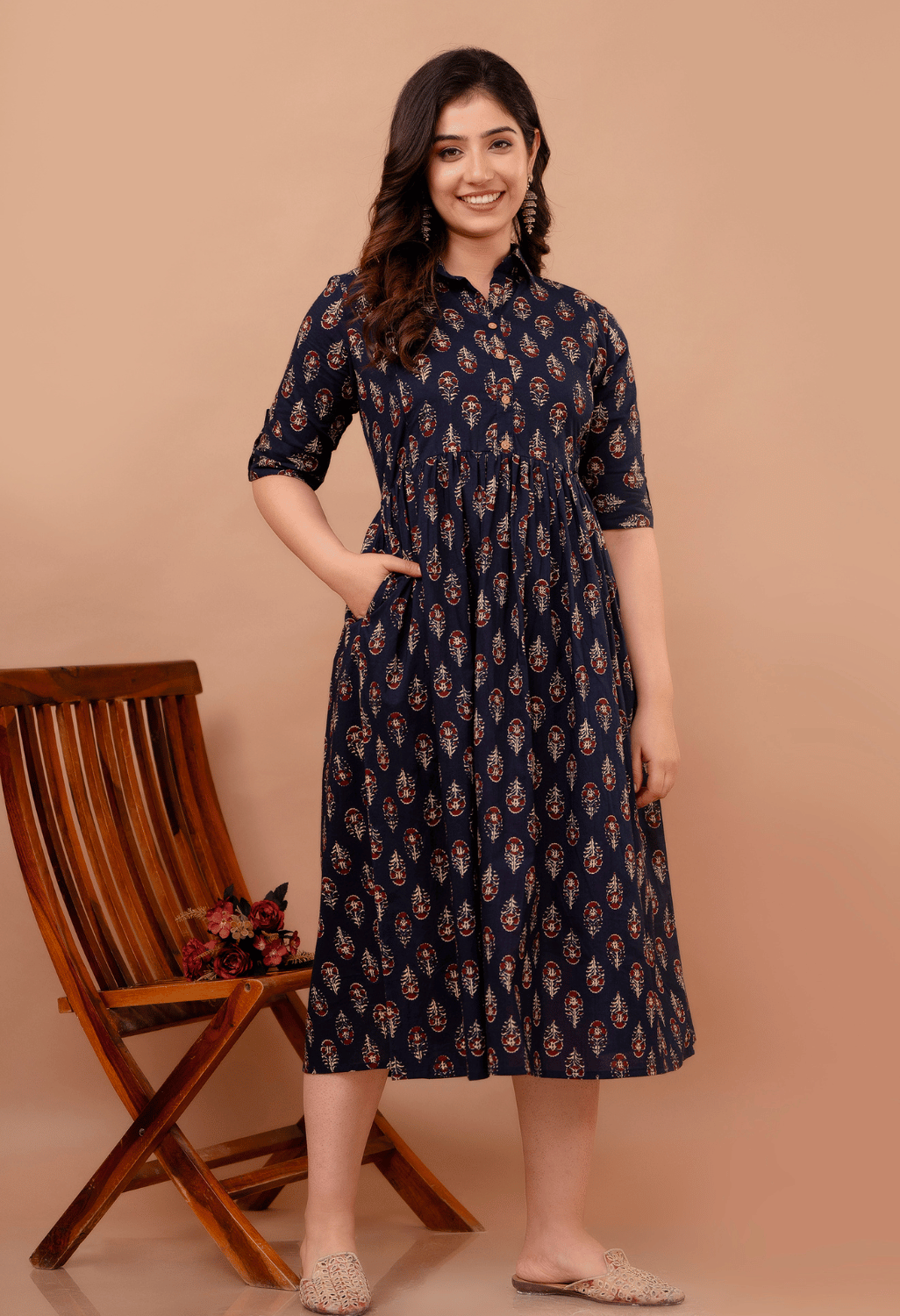 Navy Blue Buta Printed Collared Viscose Rayon Maternity & Feeding Midi Dress Secondary image