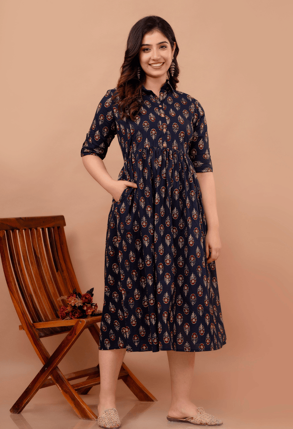 Navy Blue Buta Printed Collared Viscose Rayon Maternity & Feeding Midi Dress