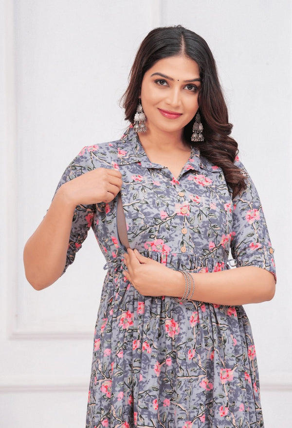 Grey Floral Printed Collared Viscose Rayon Maternity & Feeding Midi Dress