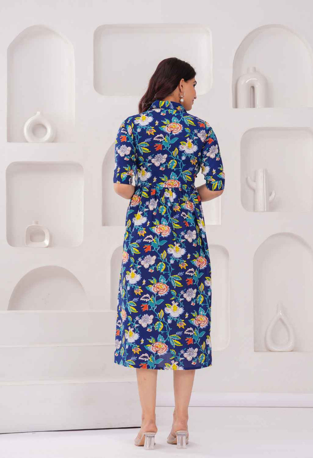 Navy Blue Floral Printed Collared Viscose Rayon Maternity & Feeding Midi Dress