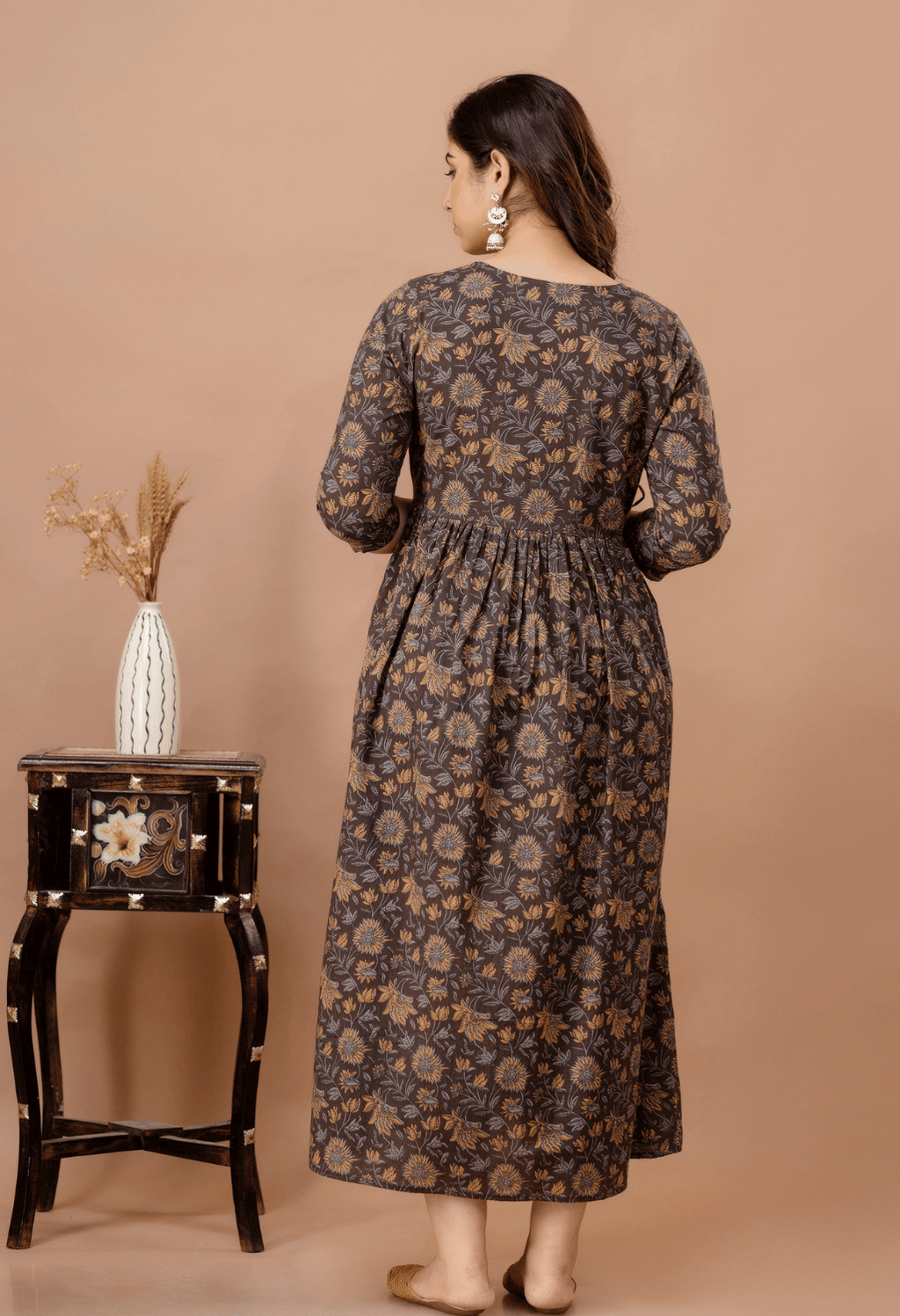 Coffee Brown Floral Printed Viscose Rayon Maternity & Feeding Maxi Dress