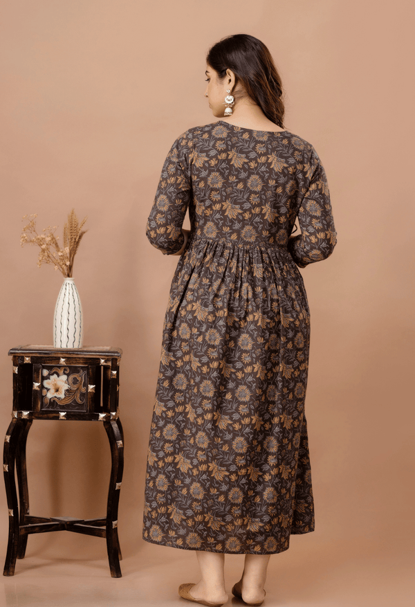 Coffee Brown Floral Printed Viscose Rayon Maternity & Feeding Maxi Dress