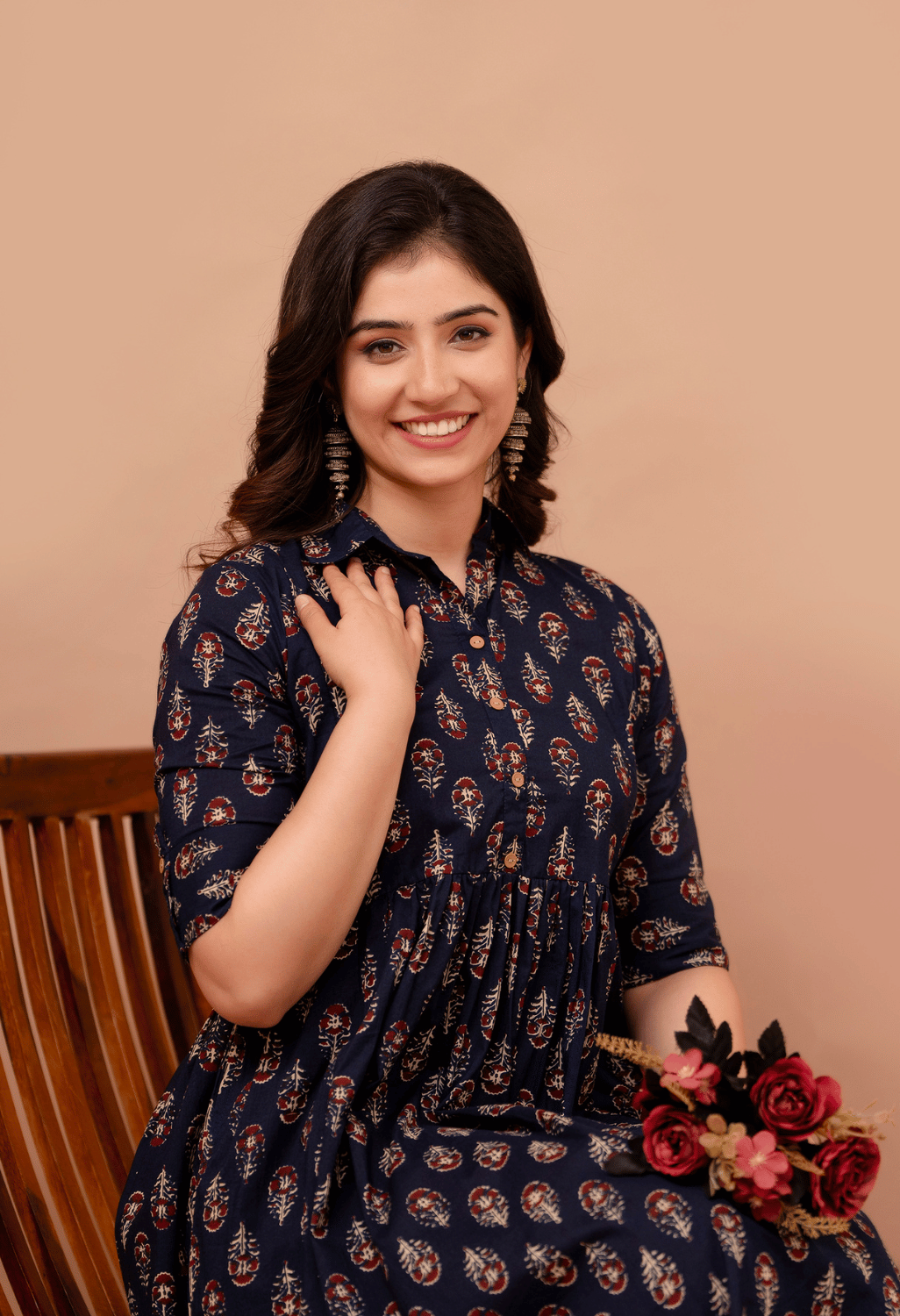Navy Blue Buta Printed Collared Viscose Rayon Maternity & Feeding Midi Dress