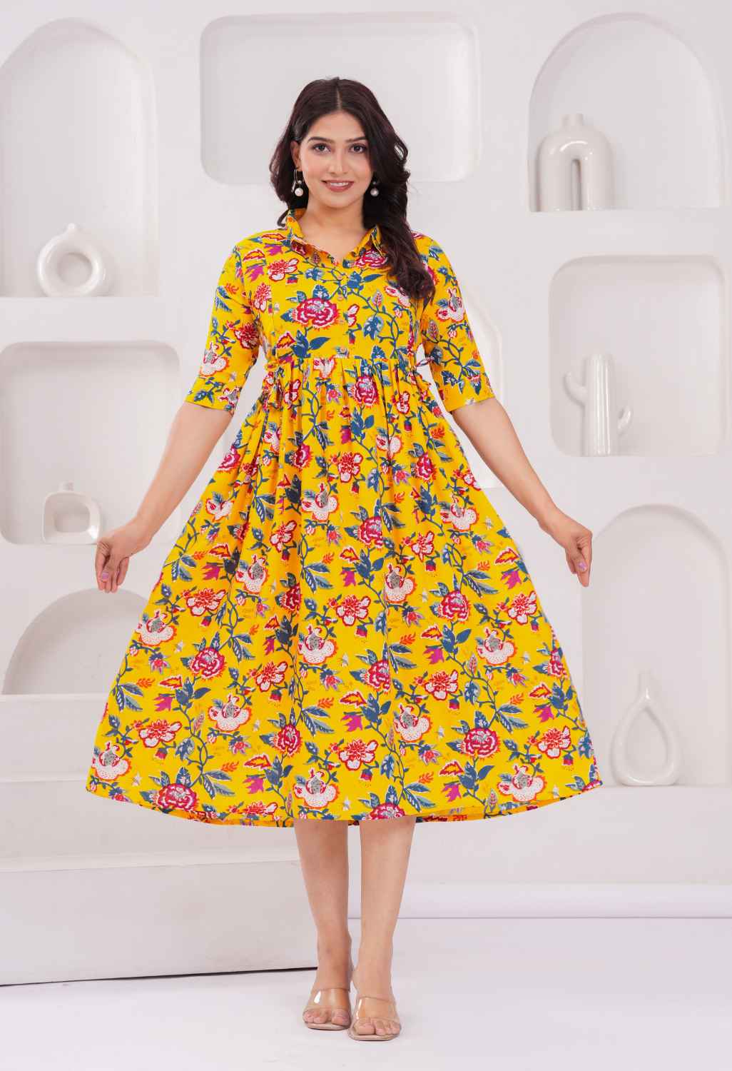 Mustard Yellow Floral Printed Collared Viscose Rayon Maternity & Feeding Midi Dress