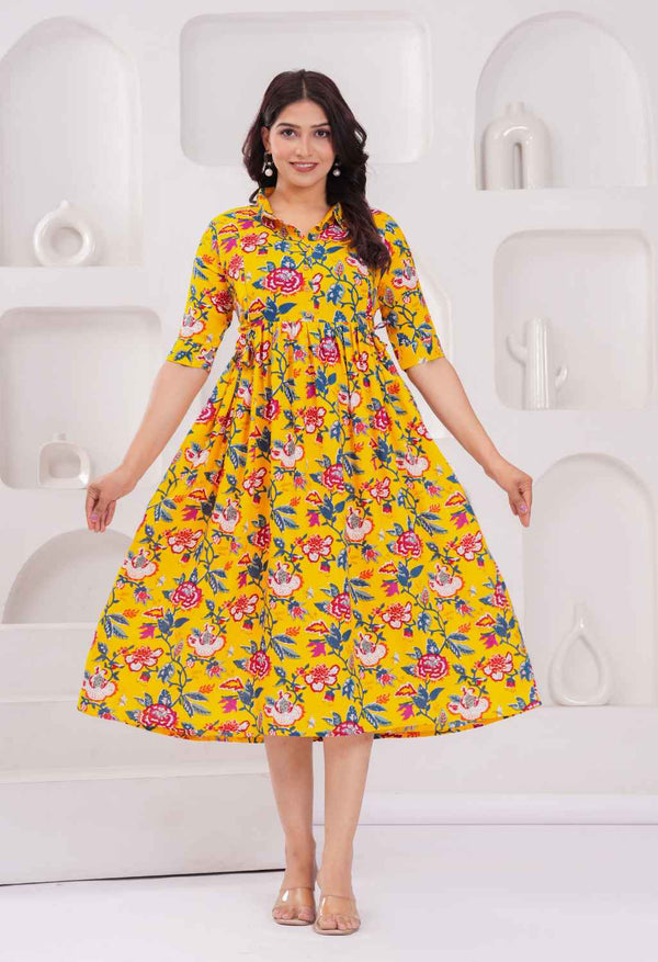 Mustard Yellow Floral Printed Collared Viscose Rayon Maternity & Feeding Midi Dress