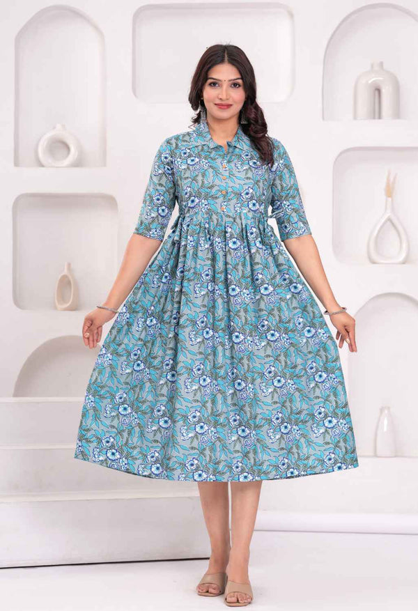 Sky Blue Floral Printed Collared Viscose Rayon Maternity & Feeding Midi Dress
