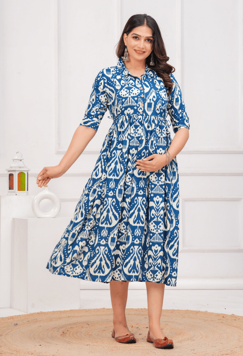 Royal Blue Ikat Printed Collared Viscose Rayon Maternity & Feeding Midi Dress
