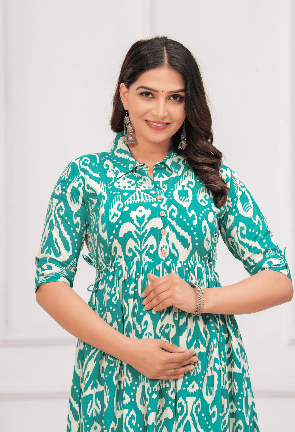 Teal Green Ikat Printed Collared Viscose Rayon Maternity & Feeding Midi Dress