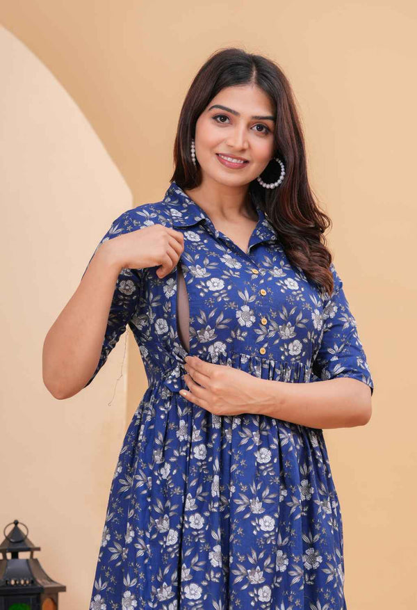 Indigo Floral Printed Collared Viscose Rayon Maternity & Feeding Midi Dress