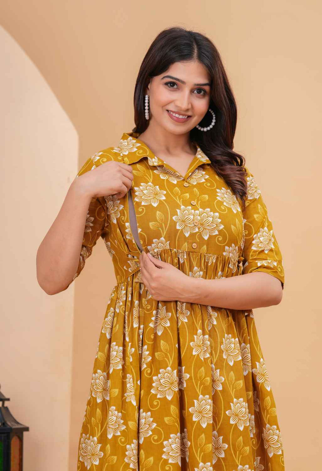 Mustard Floral Printed Collared Viscose Rayon Maternity & Feeding Midi Dress