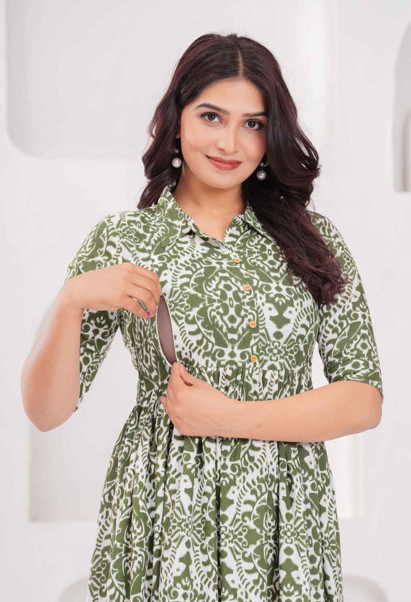 Olive Green Abstract Printed Collared Viscose Rayon Maternity & Feeding Midi Dress