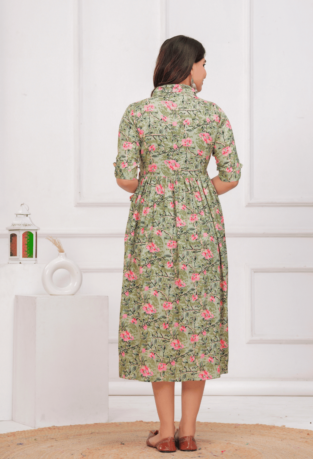 Olive Green Floral Printed Collared Viscose Rayon Maternity & Feeding Midi Dress