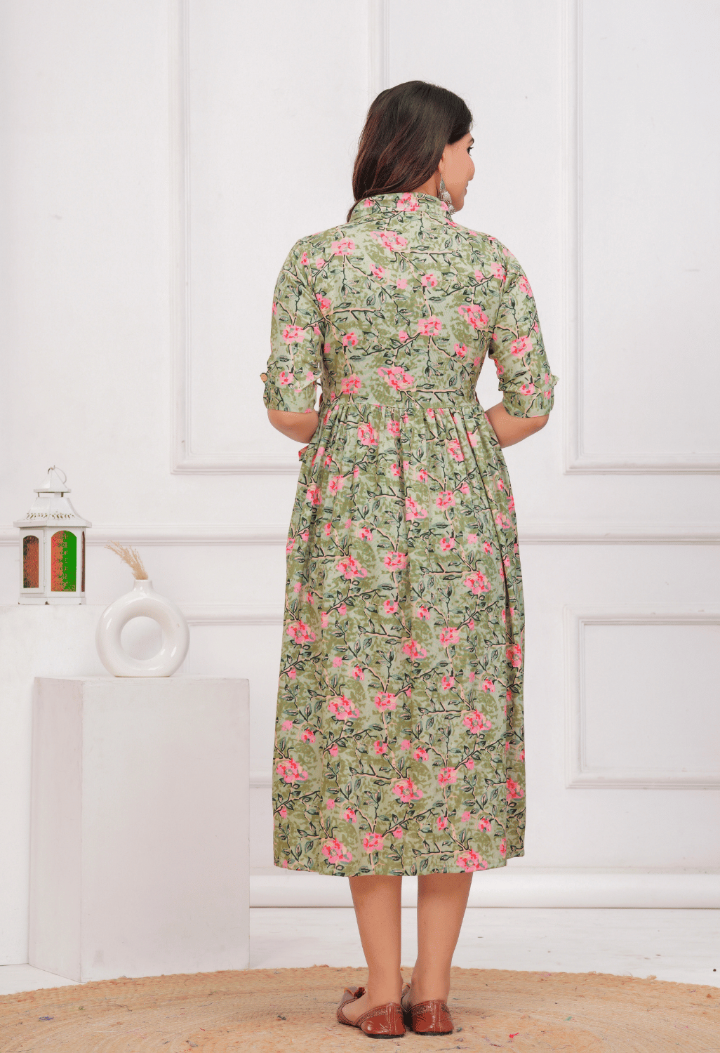 Olive Green Floral Printed Collared Viscose Rayon Maternity & Feeding Midi Dress