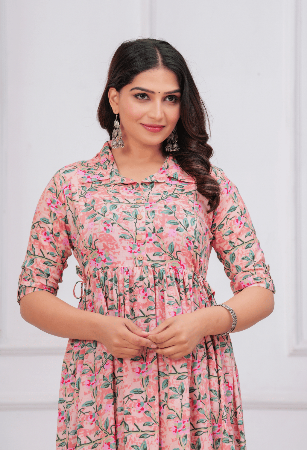 Peach Floral Printed Collared Viscose Rayon Maternity & Feeding Maxi Dress