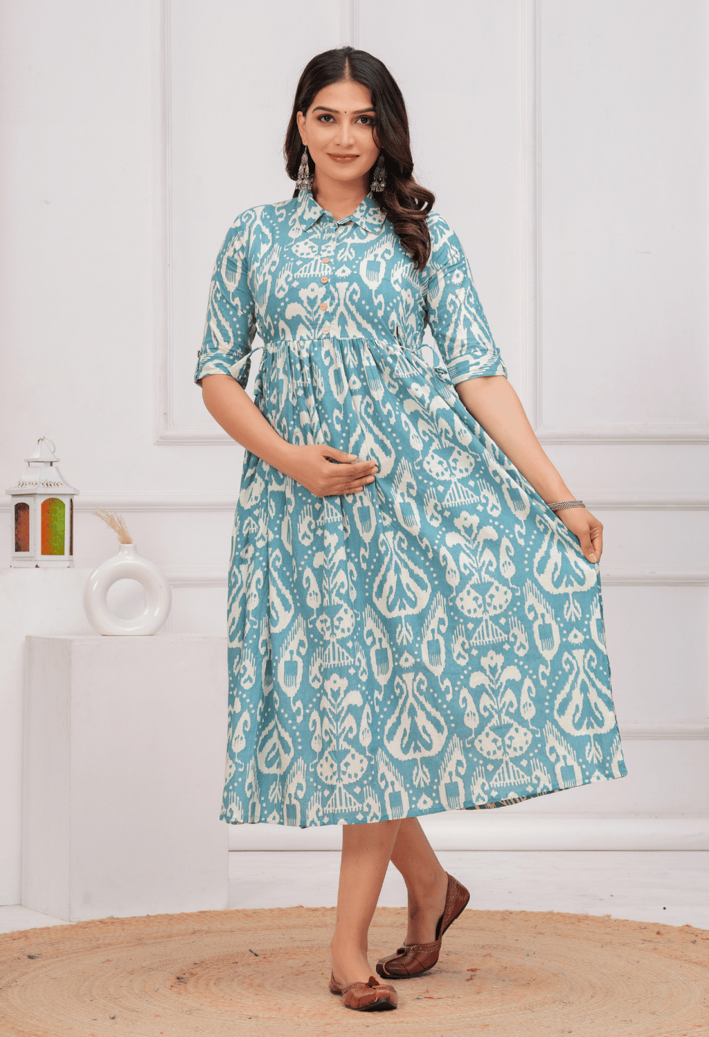 Sky Blue Ikat Printed Collared Viscose Rayon Maternity & Feeding Midi Dress