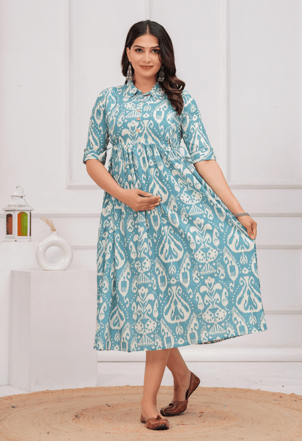 Sky Blue Ikat Printed Collared Viscose Rayon Maternity & Feeding Midi Dress