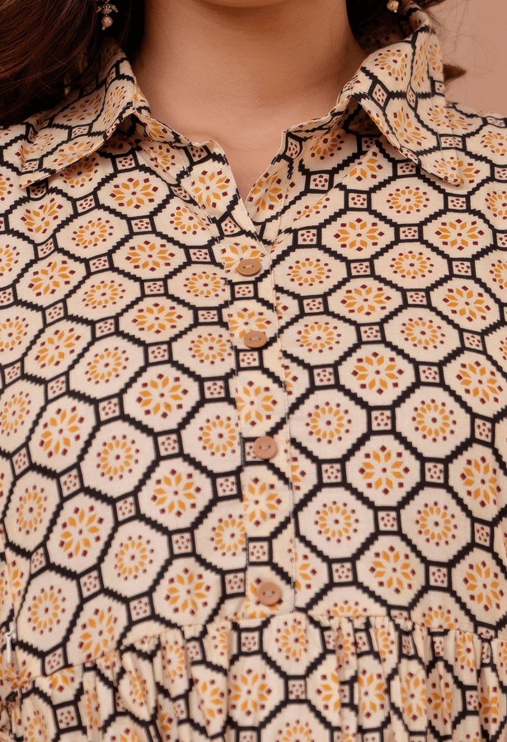 Beige Geometric Hexagon Printed Collared Viscose Rayon Maternity & Feeding Maxi Dress