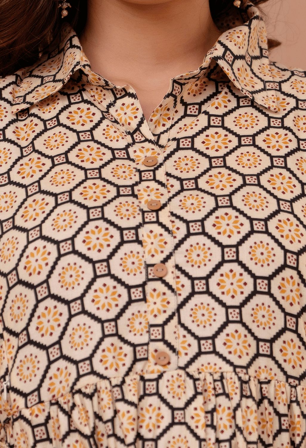 Beige Geometric Hexagon Printed Collared Viscose Rayon Maternity & Feeding Maxi Dress