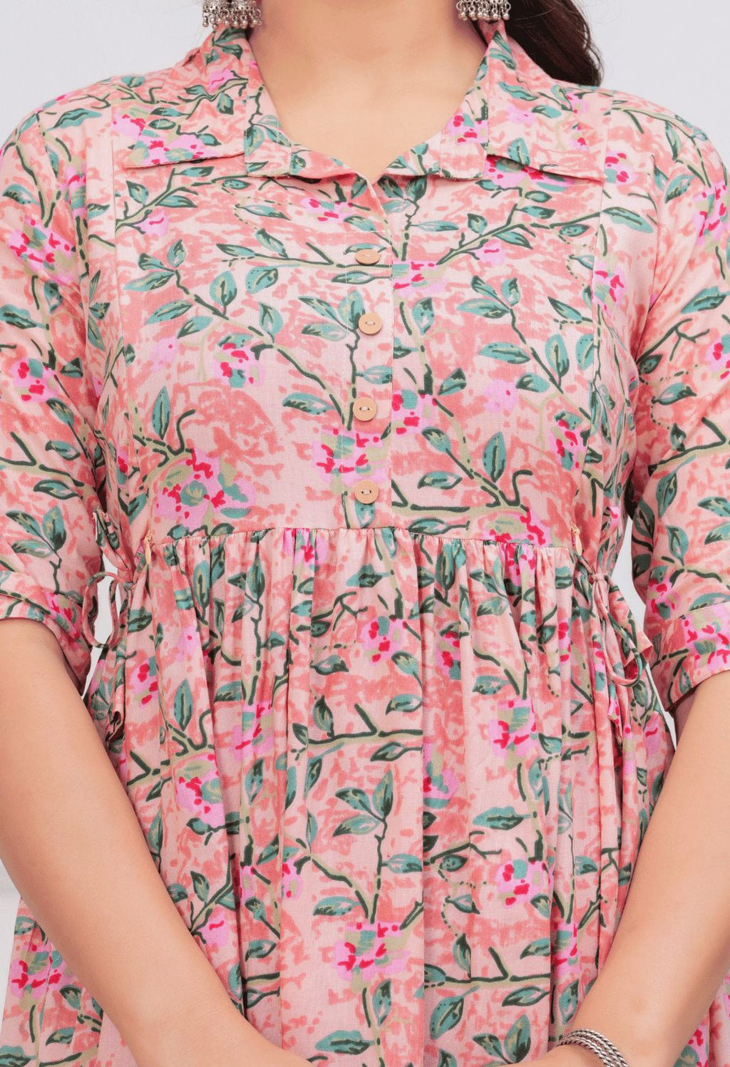 Peach Floral Printed Collared Viscose Rayon Maternity & Feeding Maxi Dress